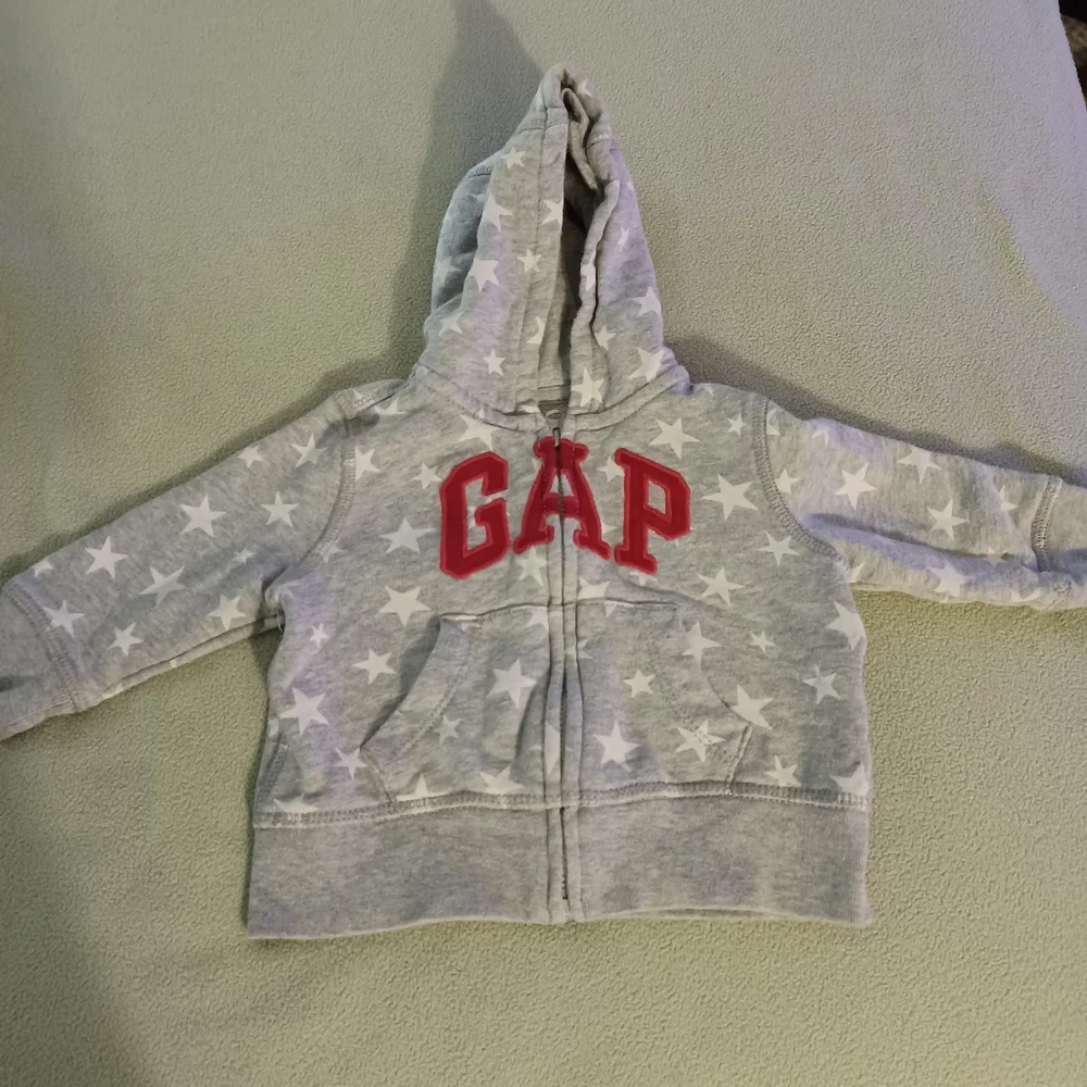 Baby Gap Grey with Red Logo White Stars Long Sleeve Hoodie Size 6-12 Months Zip